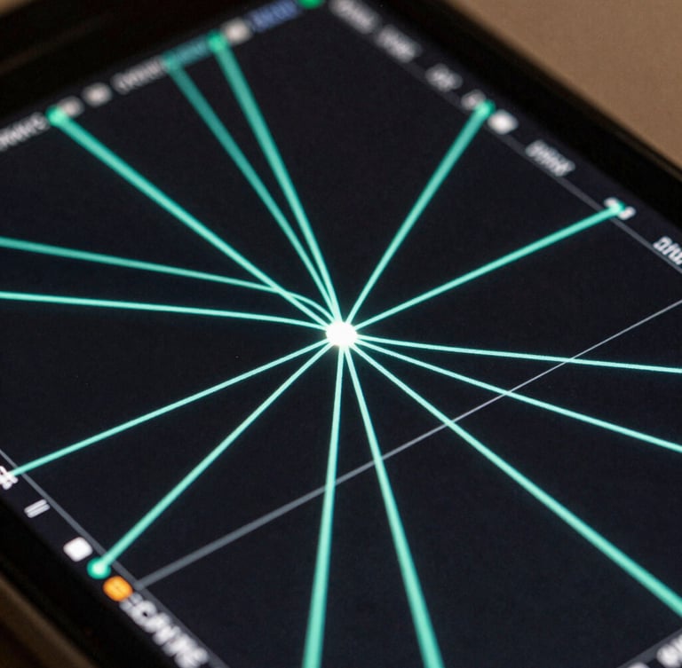 Macro-level close-up of a high-contrast mobile screen displaying game engine physics vectors, neon cyan coordinate grids, and collision paths.