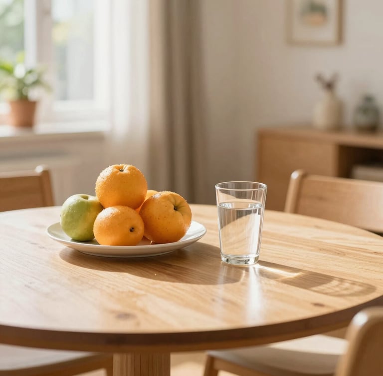Warm environmental shot of a sunny dining table in a residential care home, with fresh fruit and a glass of water, soft natural daylight, high depth of field
