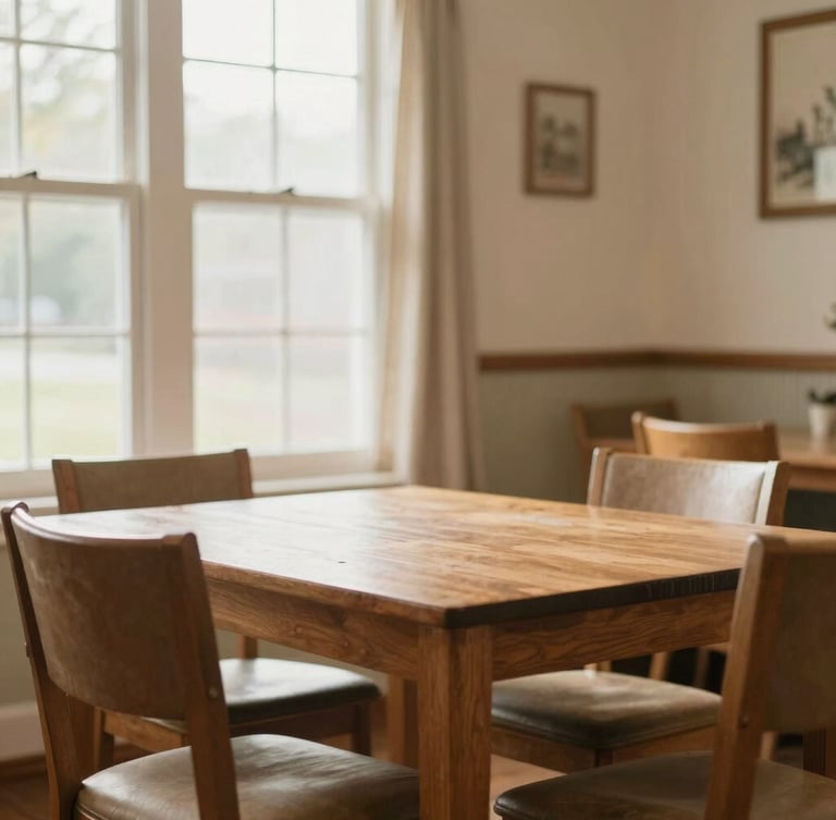 Warm editorial photography of a clean, welcoming dining area in a residential board and care home, soft natural daylight streaming through a window, gentle earth tones, high depth of field