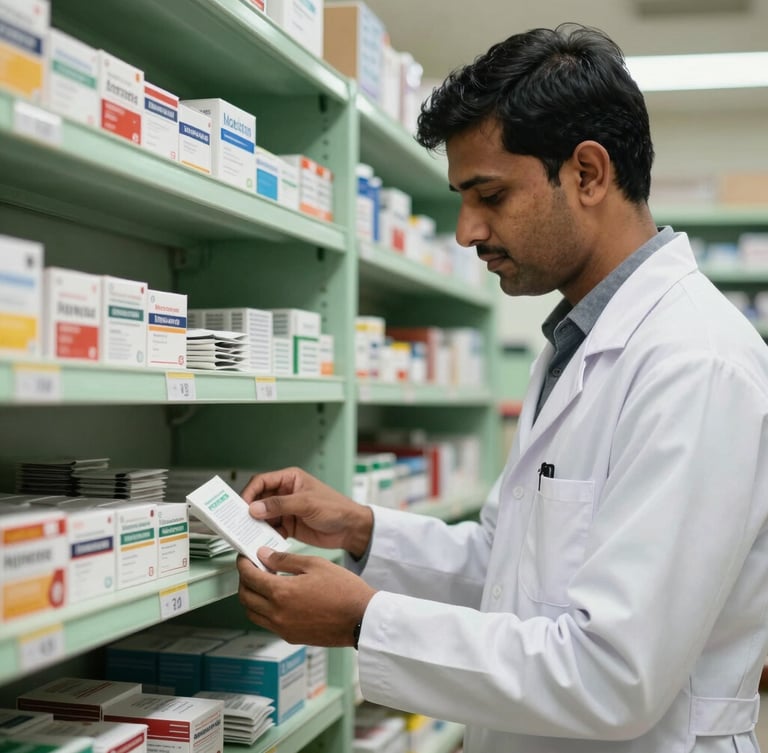 Professional Indian pharmacist in a clean white coat organizing genuine medicine packaging on well-lit green shelves, medium shot.