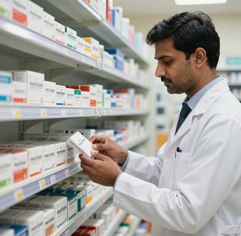 A professional Indian pharmacist in a clean white coat organizing verified medicine packages on bright, well-lit pharmacy shelves