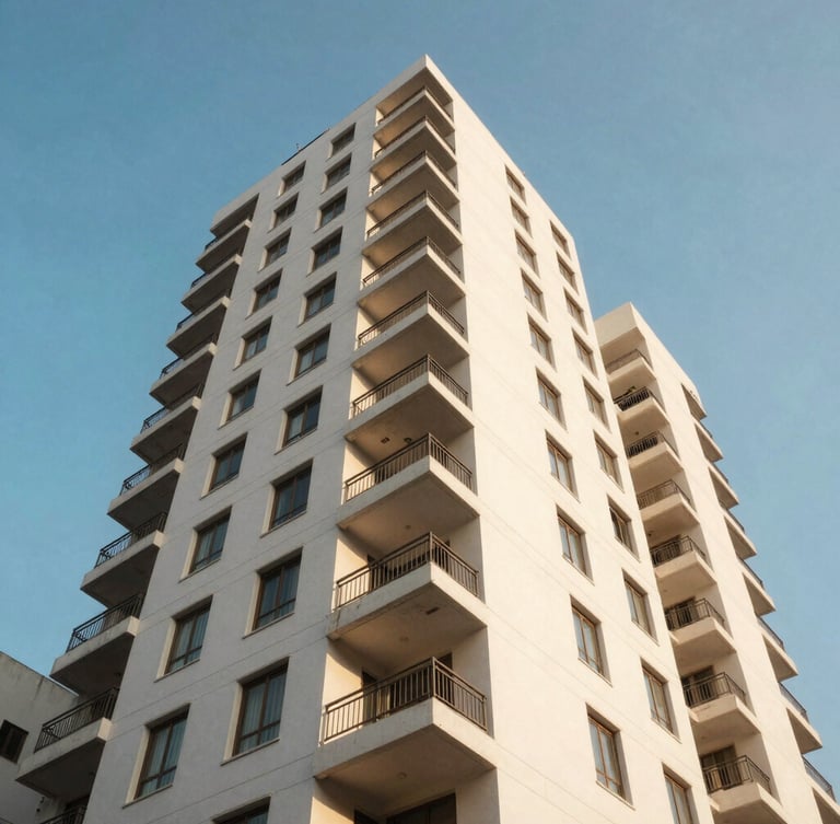 Wide-angle bright daylight shot of a modern apartment building facade in Mumbai, clean geometric balconies, clear blue sky, warm morning sun.
