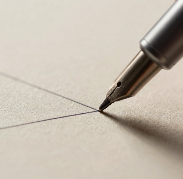 Macro shot of an ink pen tip meeting textured paper, creating a precise architectural line, natural side-lit daylight, crisp ink details, shallow depth of field.
