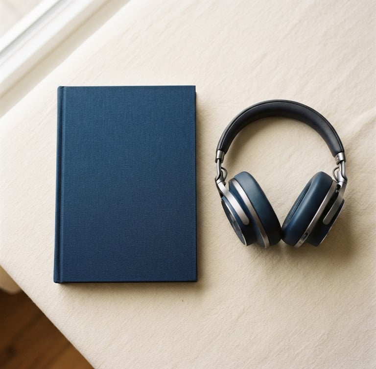 Minimalist book cover lying next to sleek modern headphones on a warm cream surface, soft natural window light, shallow depth of field, flatlay composition