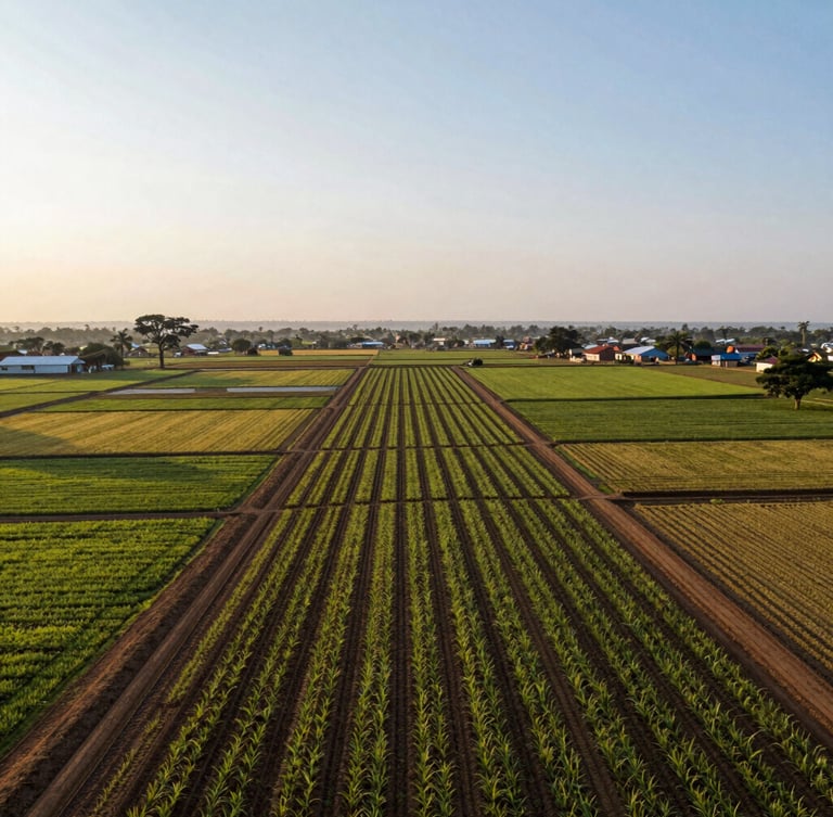 Vue aérienne panoramique d'une concession agricole structurée dans le Bassin du Congo, délimitée par des lignes géométriques parfaites de cultures sous la lumière dorée du matin.