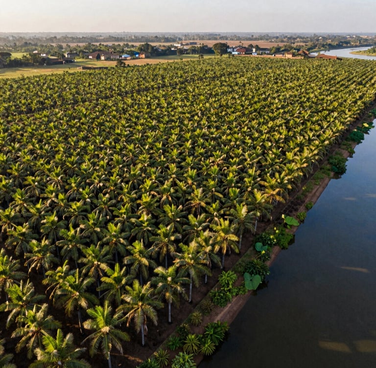 Vue aérienne par drone d'une plantation industrielle de palmiers à huile structurée le long du fleuve Congo, lumière dorée du matin.