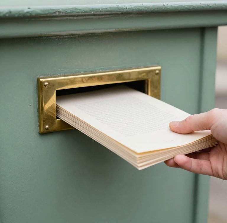 Close-up of a hand delivering a heavy paper booklet into a brass letterbox of a traditional English home, soft natural daylight, 35mm.
