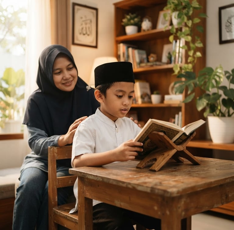 Anak SD laki-laki atau perempuan sedang membaca Al-Qur'an di ruang belajar modern dengan rak buku kayu, tanaman hijau, pencahayaan hangat, bimbingan lembut orang tua di latar belakang, shallow depth of field.