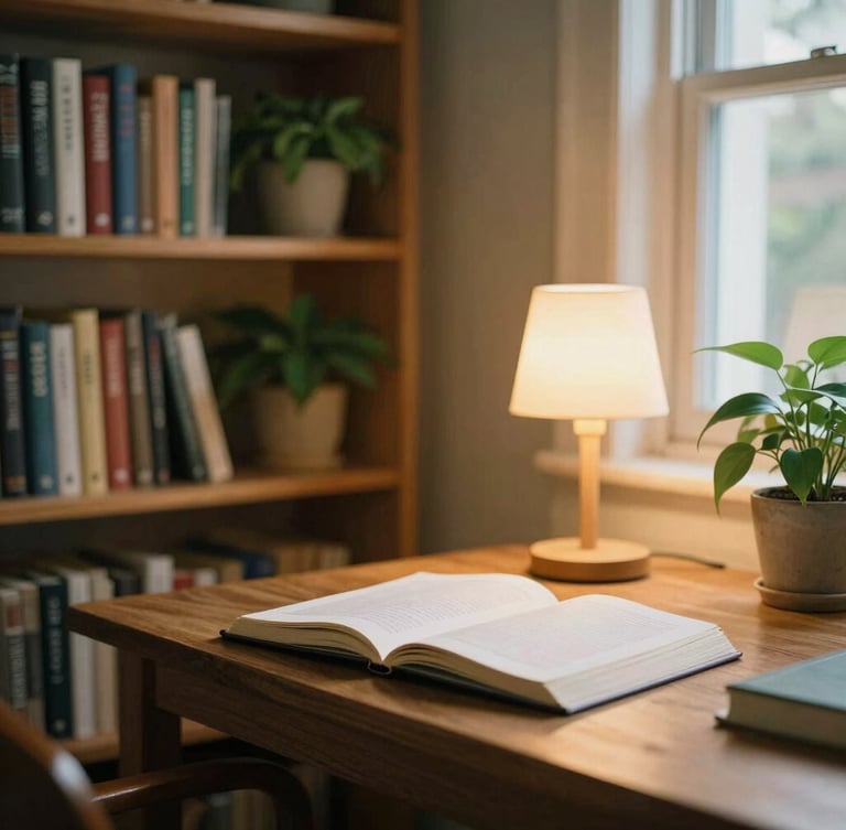 A quiet warm study room with wooden bookshelves, a soft incandescent lamp lighting an open journal, green indoor plants, warm atmosphere, shallow depth of field, 35mm