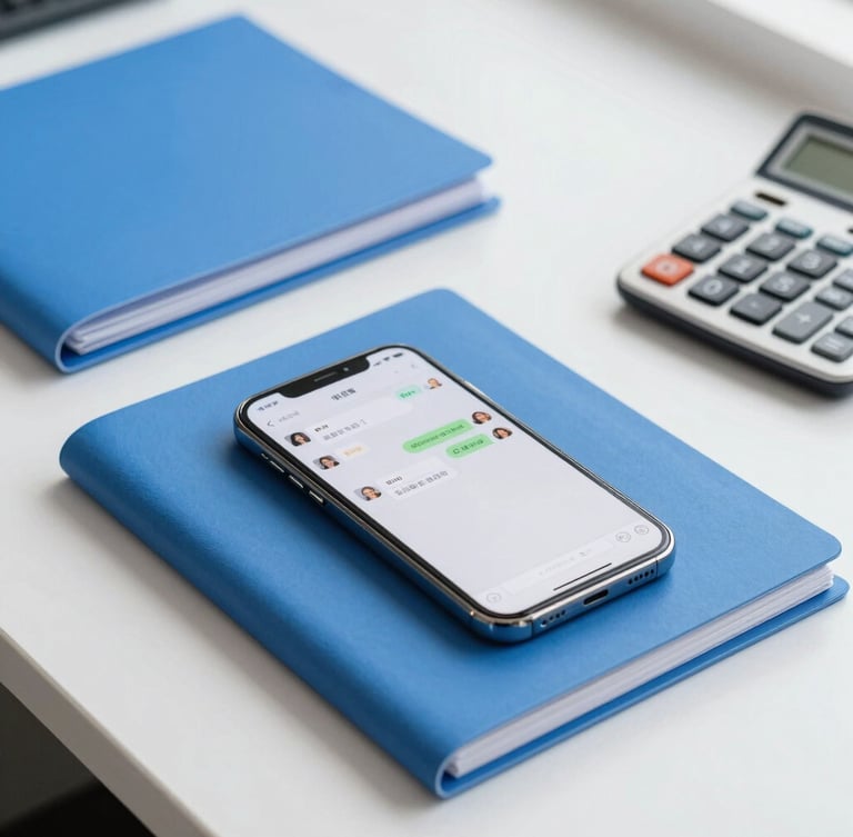 A close-up of organized blue folders on a white desk, a smartphone showing a secure chat interface, and a professional calculator, sharp focus, bright corporate daylight.