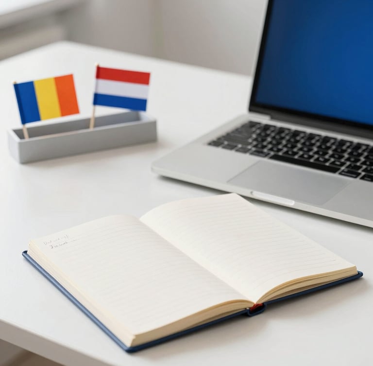 A clean, bright workspace with a modern laptop, an open notebook with neat handwriting, and subtle Romanian and Dutch flag pins on a desk organizer, warm daylight, corporate blue and orange accents, 35mm.