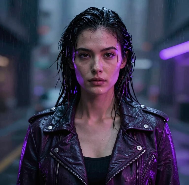 Cinematic portrait of a woman in a dark leather jacket, rain-slicked hair, illuminated by sharp neon-violet backlighting against an obsidian urban backdrop.