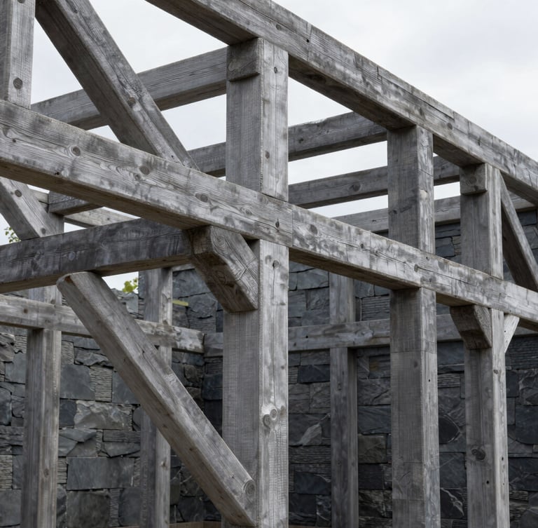 Detailed architectural photography of active timber framing, desaturated slate and charcoal tones, sharp focus, crisp natural daylight, 35mm lens