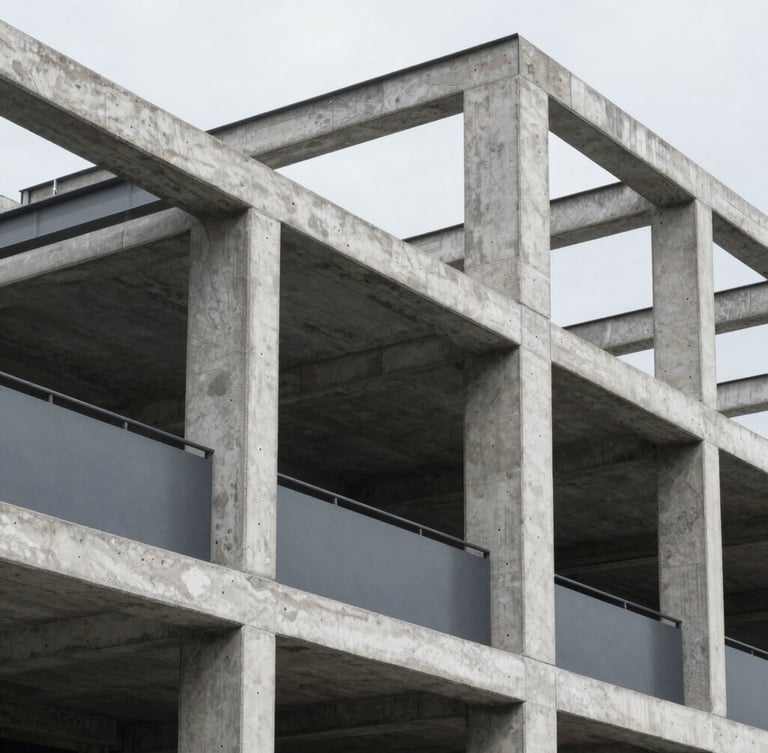 Architectural detail of concrete and steel framing of a modern building under crisp natural overcast daylight, sharp focus, 35mm lens