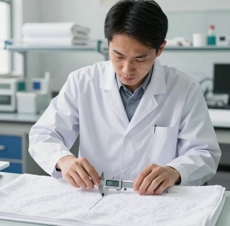 Straight-on medium shot of a professional quality inspector in a bright, clean textile lab, using a digital caliper to measure the hem of a white terry towel, neutral daylight