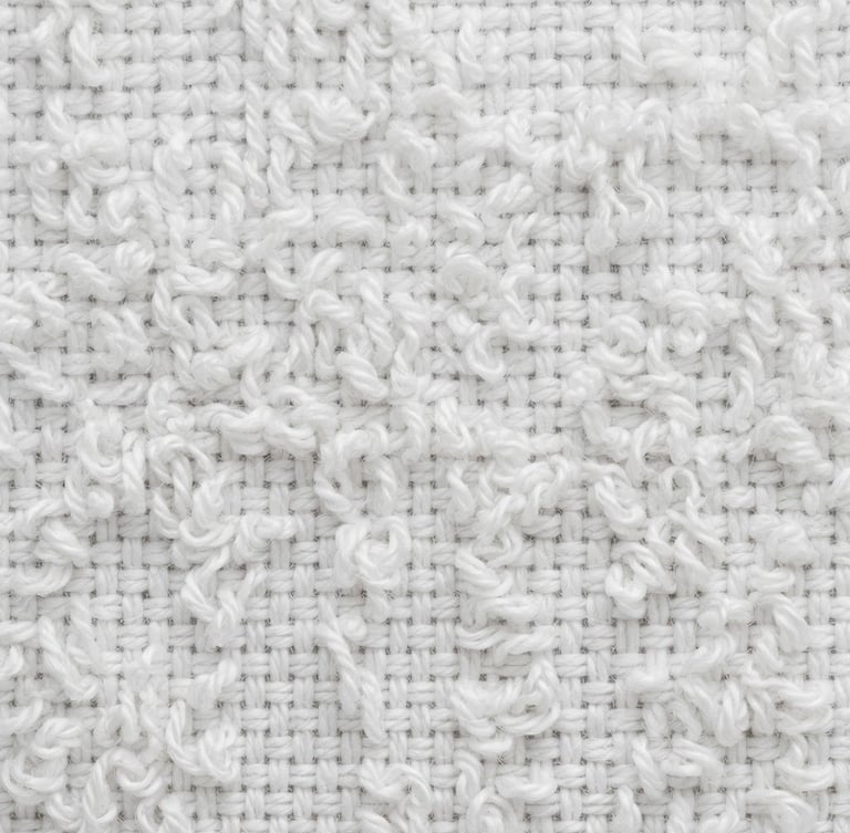Macro detail shot of premium woven white cotton textile, crisp loops and tight thread structure, bright neutral daylight, B2B commercial photography