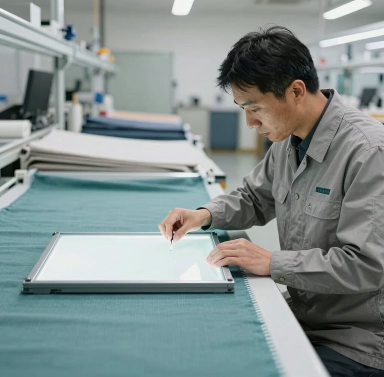 A quality inspector in a neutral-toned uniform checking fabric alignment against a light box on a clean, organized factory floor, sharp focus