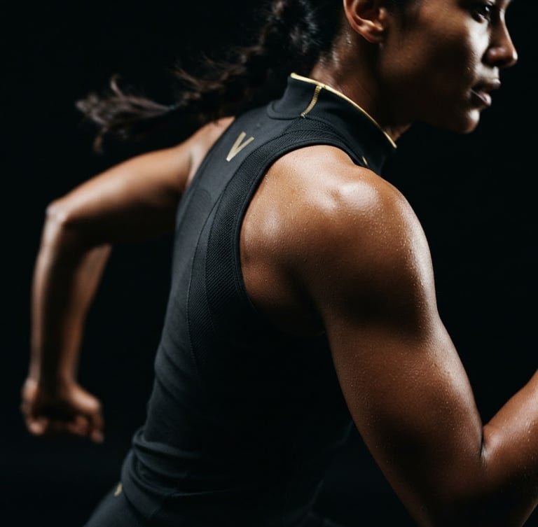 Dramatic low-key fashion photography, close-up of a premium activewear fabric on an athletic model in motion, high-contrast side lighting, deep black tones, 35mm