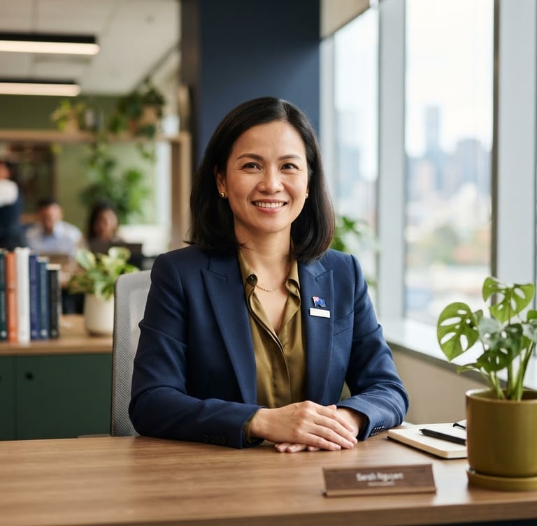 Professional portrait of a MARA-registered immigration consultant, a Vietnamese woman in a light-filled modern office, looking confident and approachable, soft corporate navy and warm green tones, shallow depth of field, 35mm.