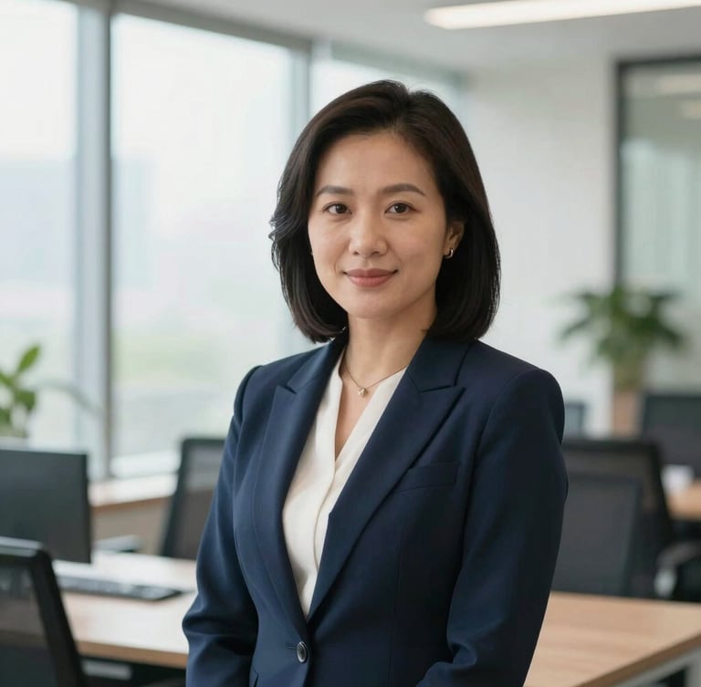 Professional portrait of a Vietnamese female consultant in a modern, light-filled office, looking directly at the camera with a reassuring expression. Natural daylight, shallow depth of field.