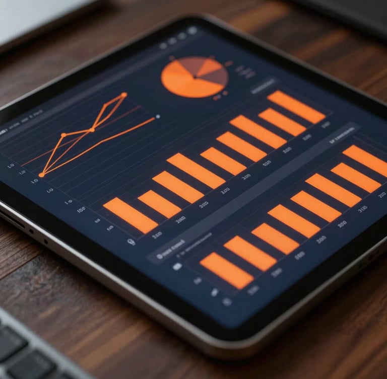 Close-up of a modern tablet displaying glowing orange analytics charts and conversion graphs on a dark wood desk, sharp focus, technical line art overlay