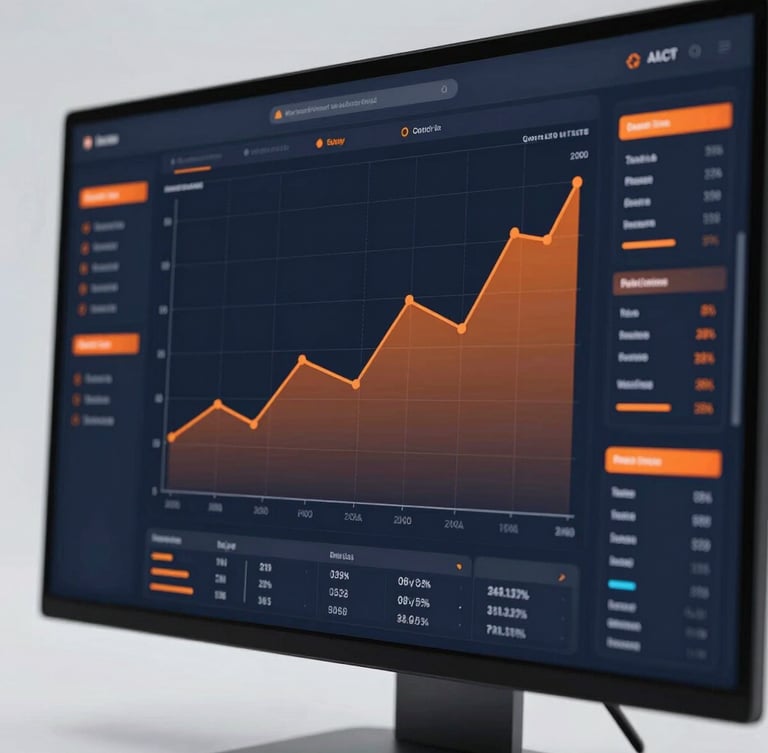 Sleek tech photography of an interactive analytics dashboard on a modern display, crisp studio lighting with vibrant orange accent glows, sharp focus on upward-trending line graphs.