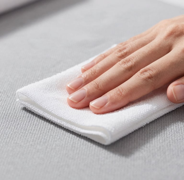 Close-up macro shot of hands performing precise blotting technique with a white microfiber cloth on a structured grey textile surface, diffused daylight