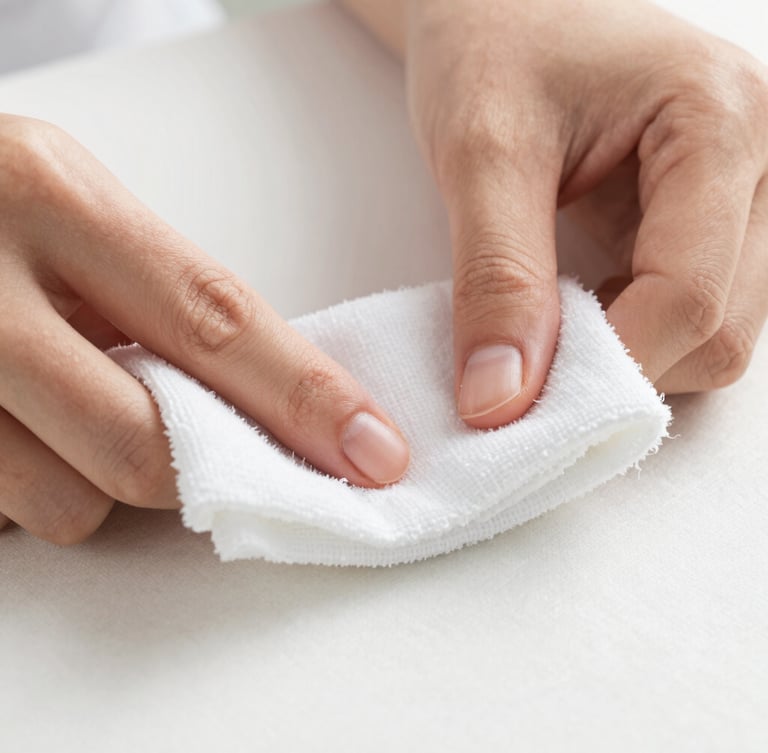 Macro photography of hands using a white microfiber cloth to carefully blot a textile fiber surface under bright, natural daylight, soft focus background, professional editorial style.