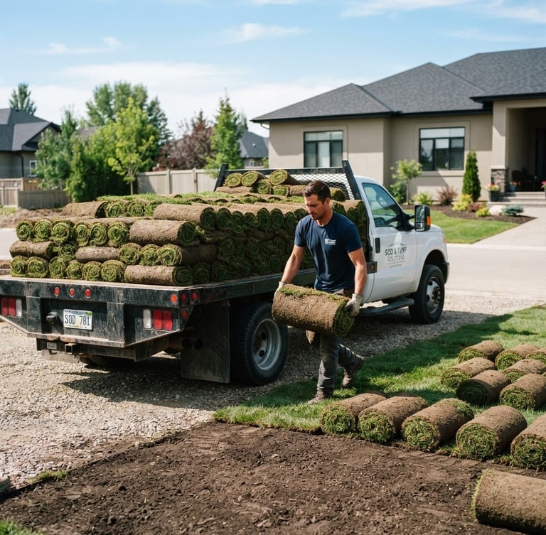 Flatbed truck unloading fresh green grass sod rolls on a residential site, bright daylight, 35mm