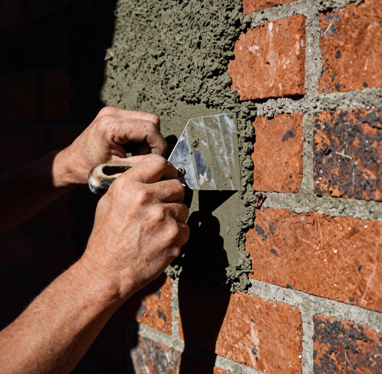 Portrait shot of a mason hand-troweling a lime mortar joint on an old brick wall, close-up on hands and tool, rich textures, high-contrast directional sunlight, 35mm.