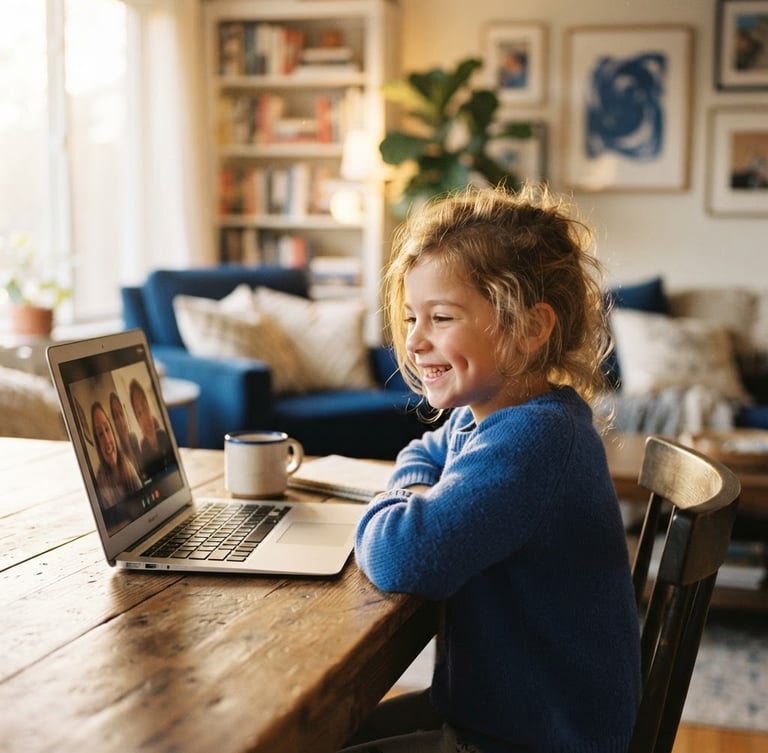 A child smiling warmly at a laptop screen in a cozy, sunlit living room, soft golden-hour window light, royal blue accents in the background, shallow depth of field