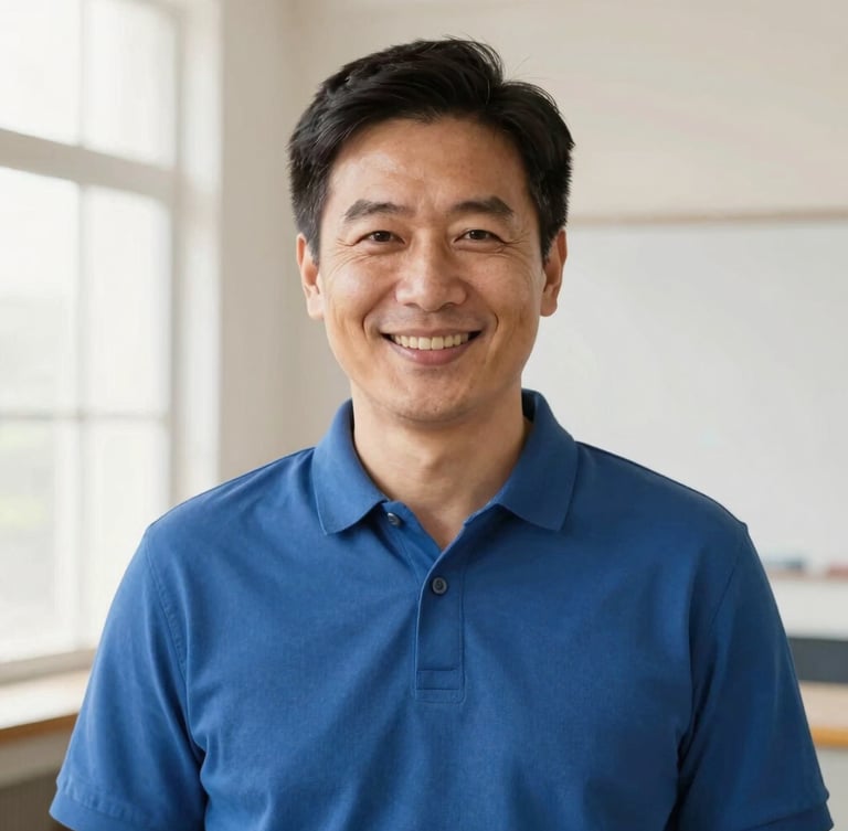 A friendly male teacher in modest attire smiling warmly in a clean, bright studio setting, soft high-key indoor lighting, professional portrait