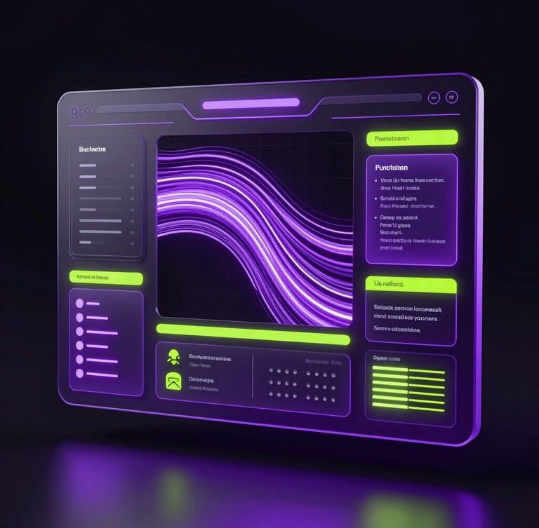 Futuristic 3D render of a complex user interface mockup with glowing violet and lime data flows, high-contrast studio lighting, dark background, ultra-modern