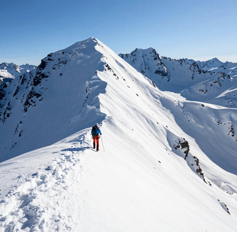 Crisp alpine photography, wide-angle shot of a professional guide in technical gear standing on a pristine Selkirk mountain ridge, bright winter sunlight, sharp details, 35mm lens.