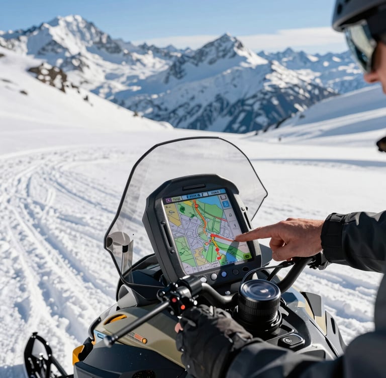 Crisp alpine photography, close-up of a guide analyzing a GPS map on a snowmobile console, bright winter sunlight, sharp details, 35mm lens.