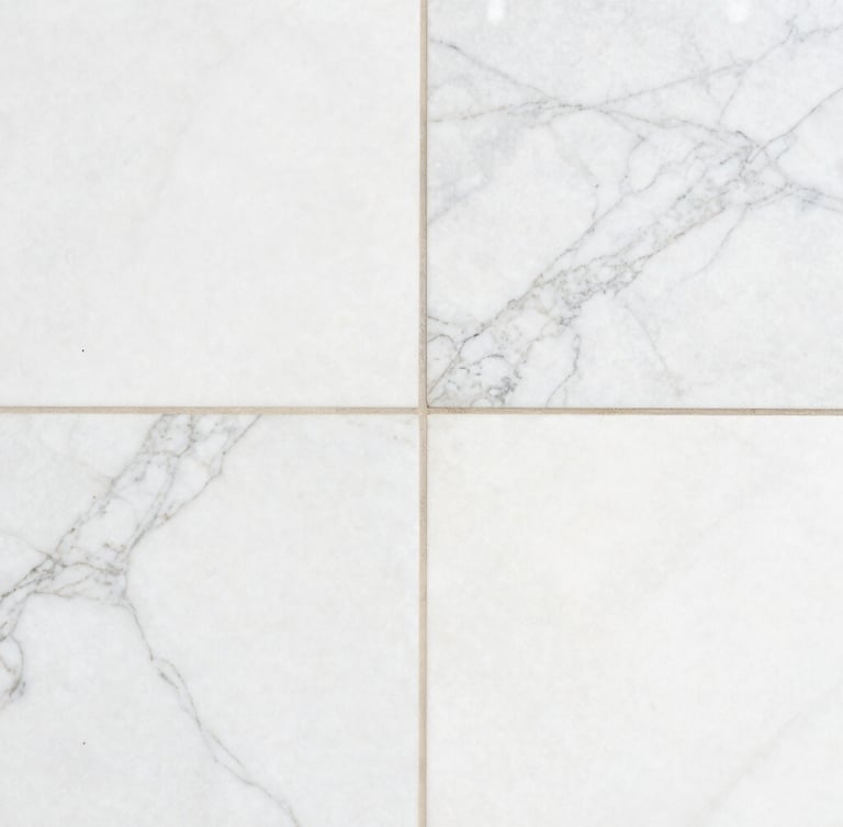 Macro architectural photography of clean white marble tile with crisp grey veins, bright natural daylight, clean reflections, sharp focus