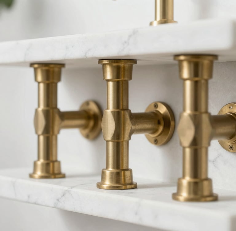 Macro straight-on shot of clean raw brass fixtures meeting white Italian marble under bright natural daylight, sharp focus, 35mm lens