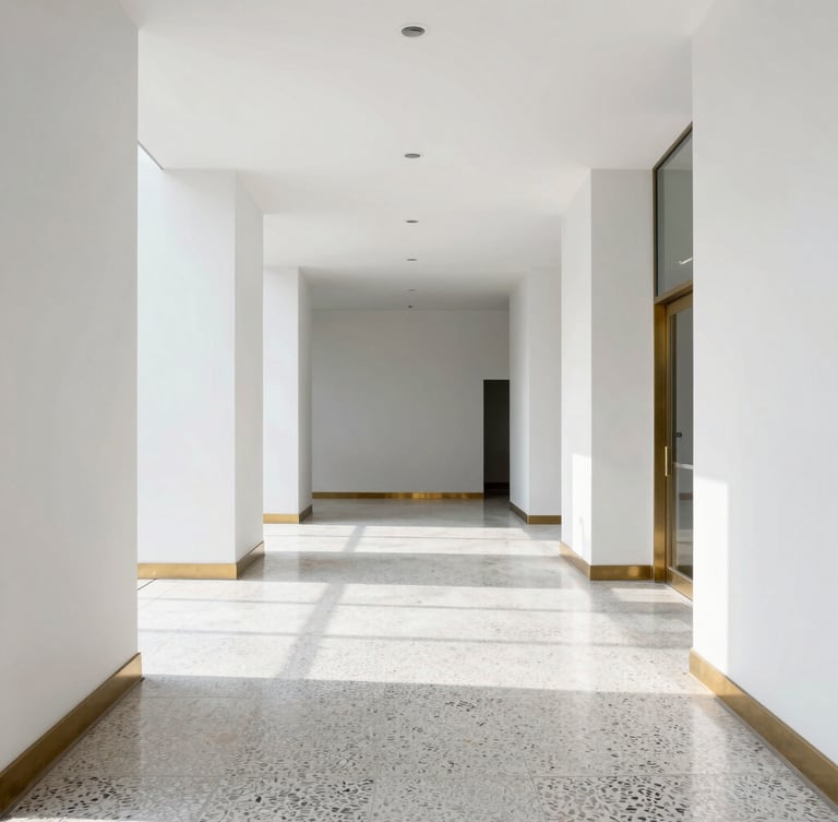 Straight-on architectural photograph of a minimalist corporate lobby with polished terrazzo flooring and raw brass trim, bright natural daylight, crisp slate tones, sharp focus