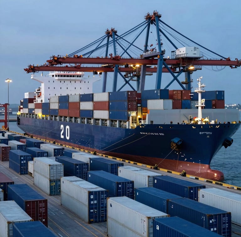 A massive cargo ship docked at a modern industrial port at dusk, neat rows of blue and white shipping containers, cool high-contrast lighting, wide cinematic 21:9 framing.