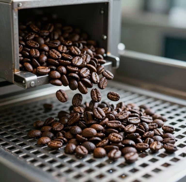 Close-up of high-quality bulk coffee beans cascading through a metal sorting grate at a processing facility, cool industrial lighting.