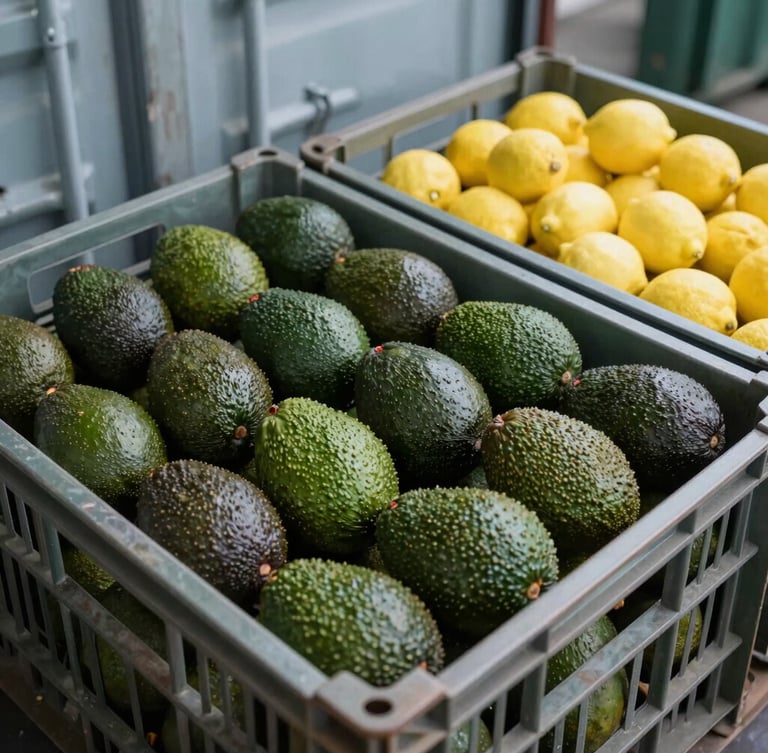 Tight, structured close-up of high-quality green avocados and fresh lemons packed in neat export crates inside a temperature-controlled shipping container, cool daylight lighting.