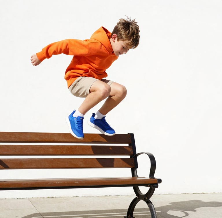 Low-angle dynamic action shot of a young boy jumping off a park bench in bright, high-key natural sunlight, wearing a vibrant orange hoodie and electric blue sneakers, clean white background, energetic shadows, 35mm