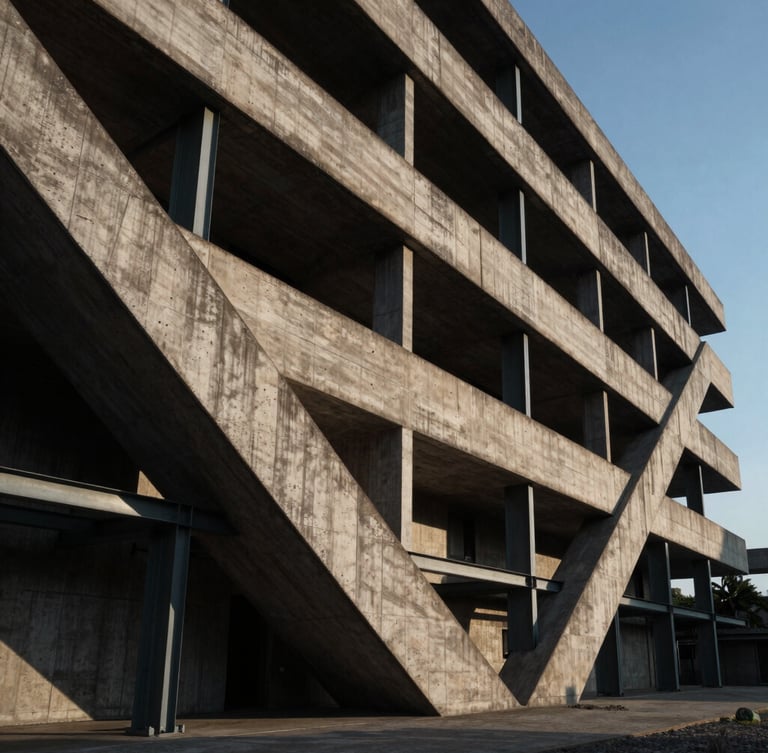Wide architectural perspective of a brutalist concrete building with sharp diagonal shadows and steel frames, low-key dramatic side-lighting at dusk.