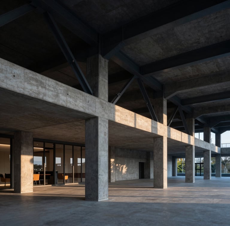 Wide architectural perspective of concrete and dark steel structural beams, sharp shadows, low-key dramatic side-lighting, executive boardroom atmosphere at dusk, no people.