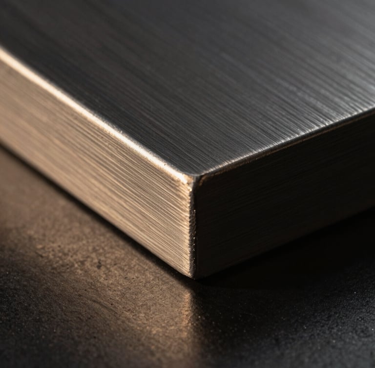 Macro close-up of dark brushed steel plates meeting at a sharp geometric angle, dramatic side-lighting, champagne gold reflections on the metallic edges