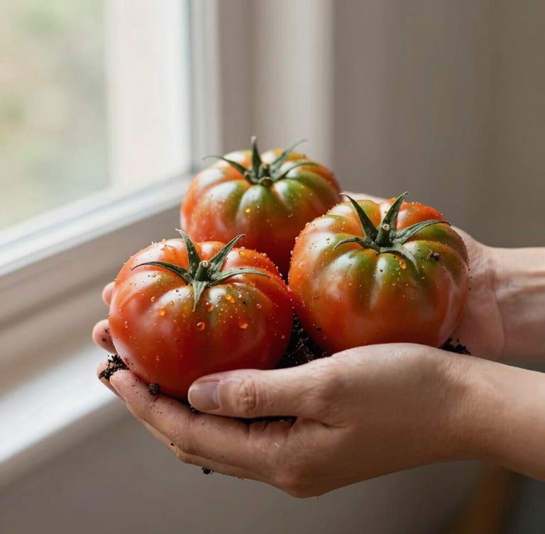 Close-up of hands holding fresh soil and newly harvested heirloom tomatoes, soft morning side light, warm editorial gastronomy photography style
