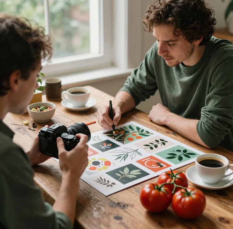 Two creative professionals, a photographer and a digital strategist, discussing a moodboard over a rustic wooden table with fresh tomatoes and coffee cups, soft natural light, warm editorial style