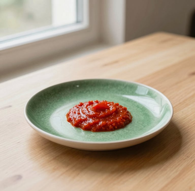 A minimalist plated dish on a light wooden table, soft morning window light from the side, rich crimson accent of a fresh tomato sauce, clean Scandinavian composition, 35mm