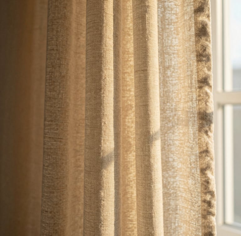 A cropped macro shot of draped oatmeal-colored linen curtains catching golden-hour window light, highlighting the rich tactile weave and soft morning side-light, 35mm photography