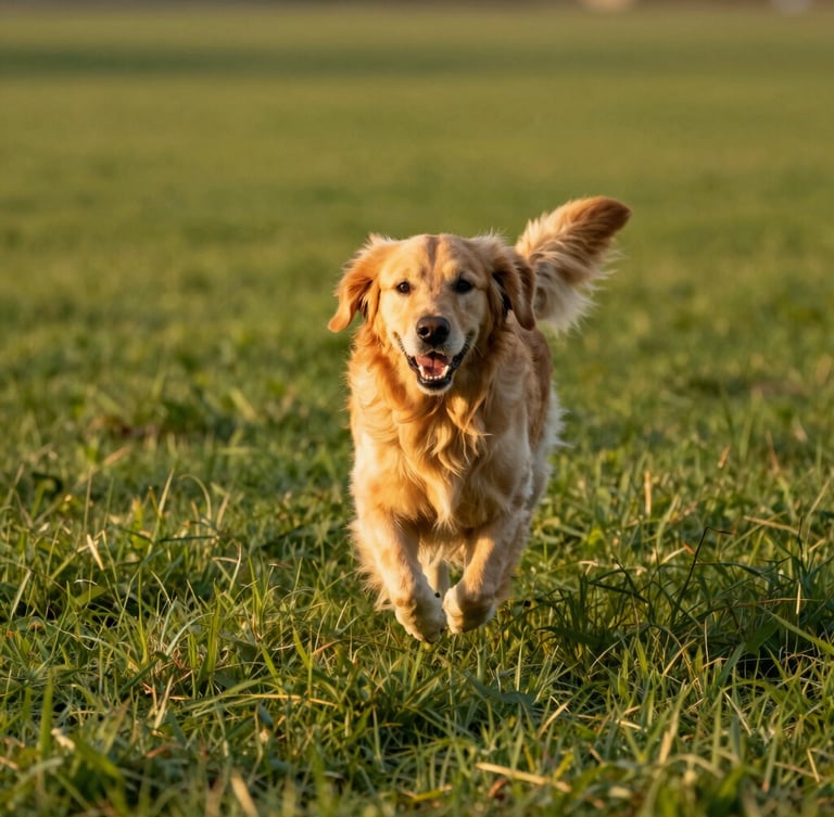 Happy golden retriever running joyfully across a wide green lawn, dog-eye level, warm natural golden-hour daylight, shallow depth of field